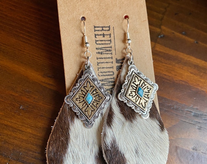 Western Cowhide Earrings w/ conchos, gifts for her, western jewelry, rodeo earrings, NFR fashion, boho earrings, punchy cowgirl