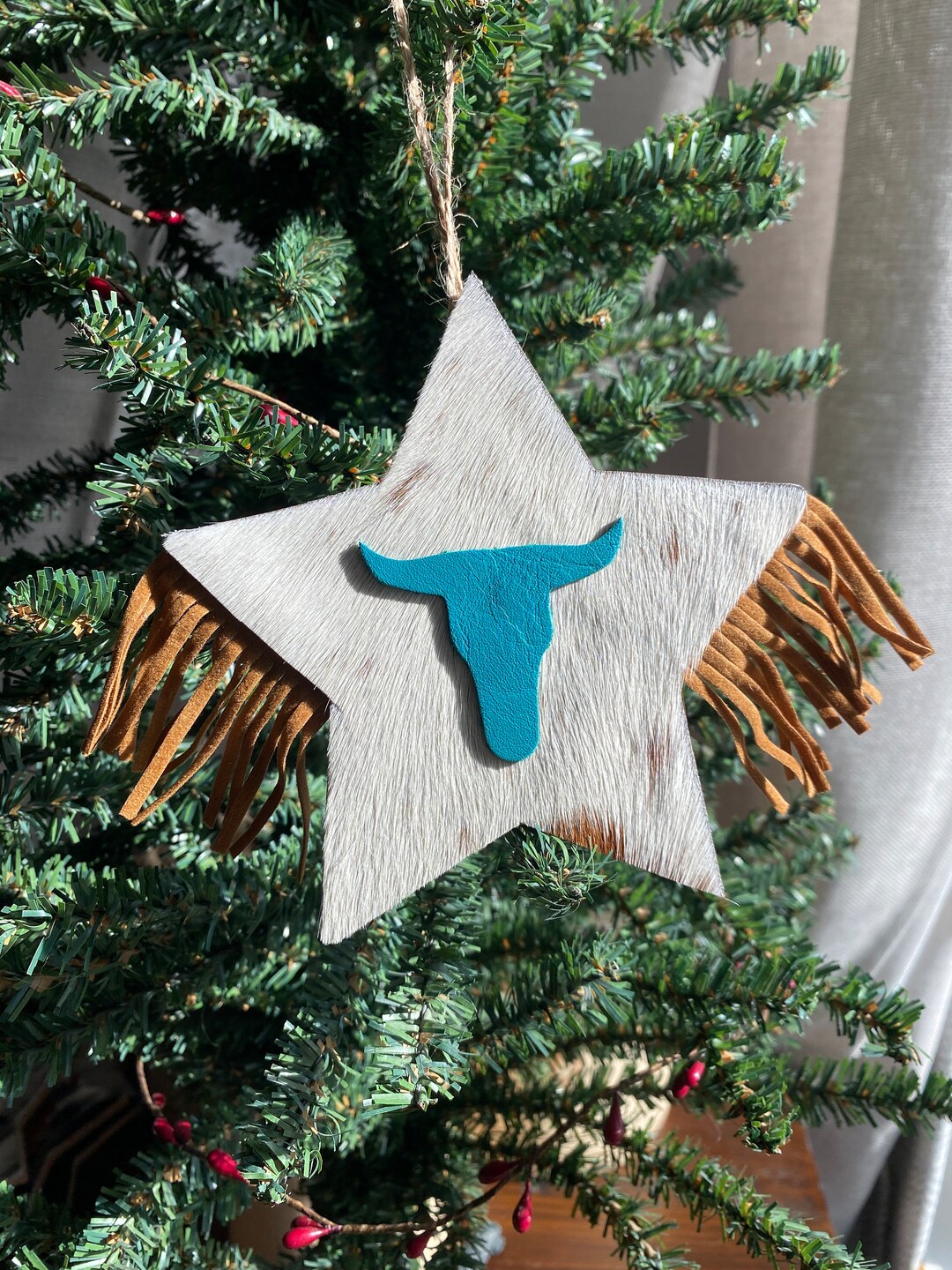 Cowhide Star Christmas Ornament, Western Ornament, Western Decor