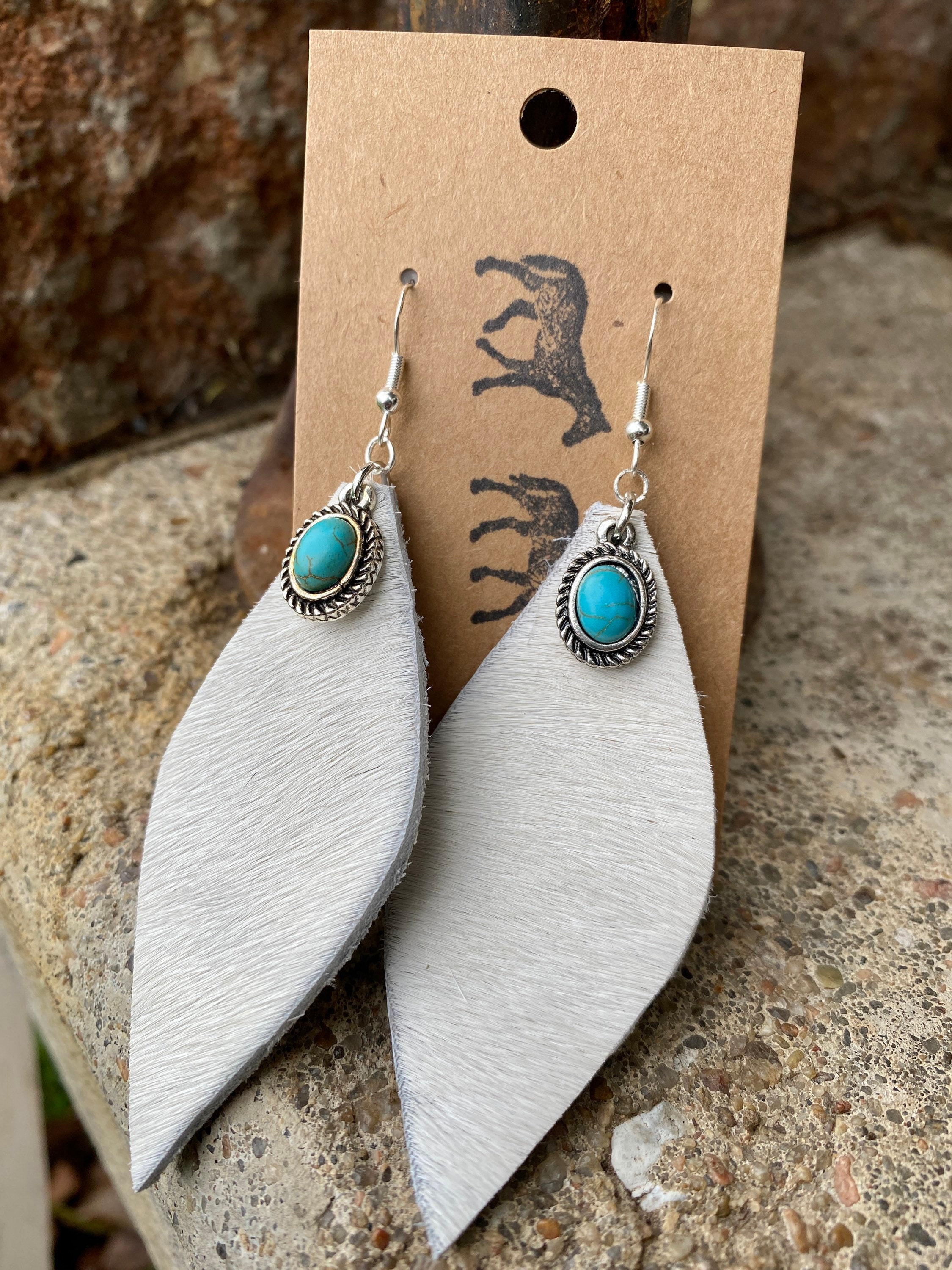 Western Cowhide Earrings w/ Turquoise Pendants Gifts for her Etsy