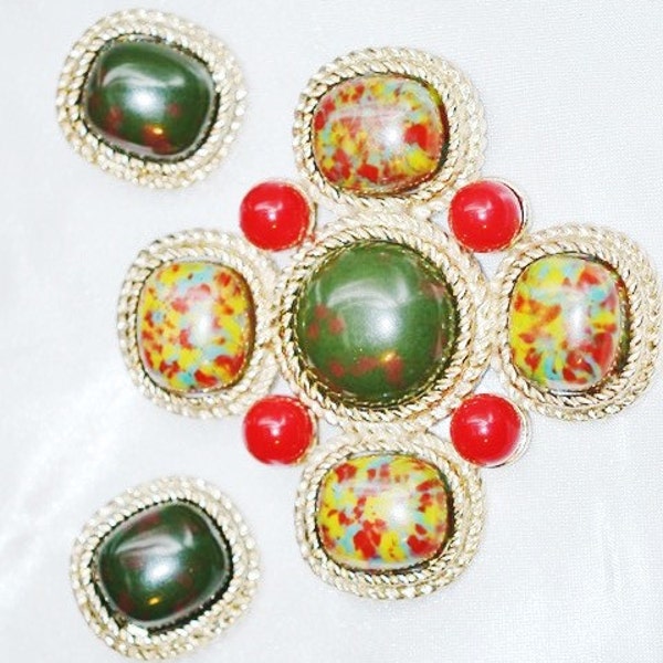 Vintage Sarah Coventry Mosaic  Brooch and Earrings Faux Bloodstone Set