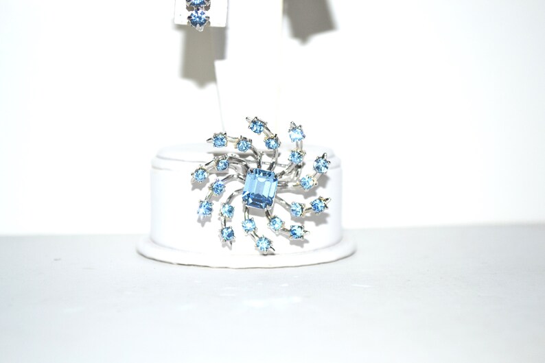Signed Coro Blue Rhinestone Vintage 1960s Era Atomic Brooch Earrings Set
