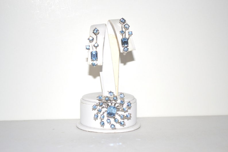 Signed Coro Blue Rhinestone Vintage 1960s Era Atomic Brooch Earrings Set