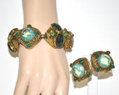 Coro Pegasus Bracelet with Earrings Vintage Green Art Glass Rhinestone Demi