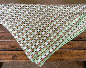 Crochet Granny Square Blanket in Taupe, White & Mint Green