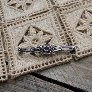 Art Deco Sterling Silver Amethyst & Marcasite Bar Brooch