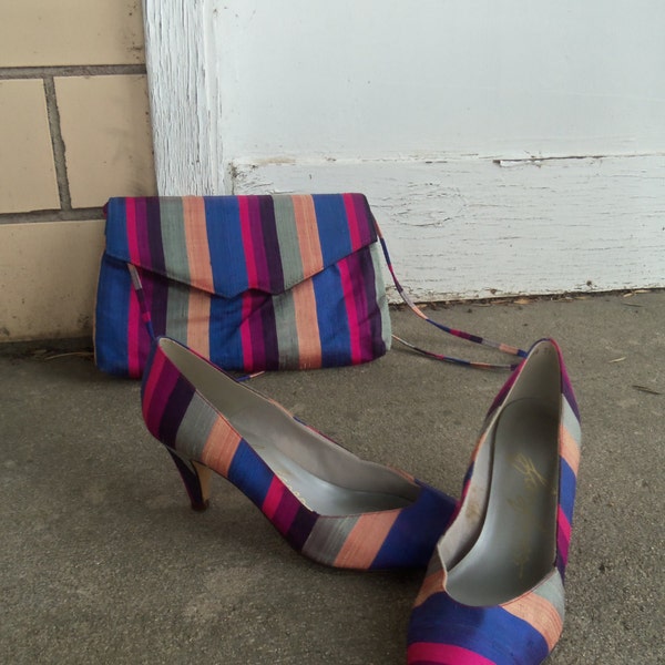 Fab Striped Silk High Heels and Shoulder Bag Set Size 7 1/2
