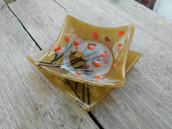 Mid Century Fused Glass Dish Pair -Fall Leaves Gl… - image 4