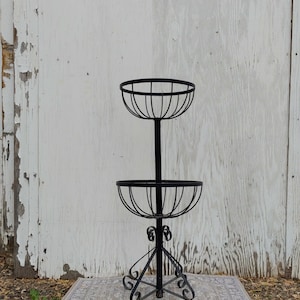 Vintage Black Wrought Iron Two Tiered Planter