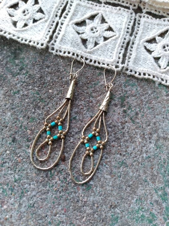 Beaded Gold & Turquoise Dangle Earrings - image 1