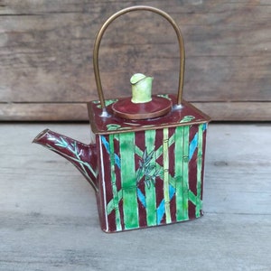 Tiny Enameled Brass Teapot - Little Bamboo Teapot