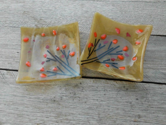 Mid Century Fused Glass Dish Pair -Fall Leaves Gl… - image 3