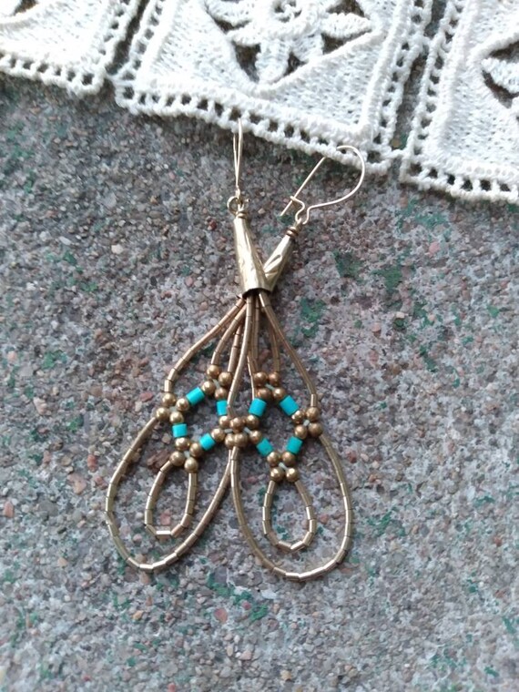 Beaded Gold & Turquoise Dangle Earrings - image 5