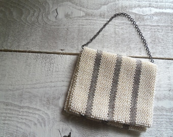 Vintage Silver Grey and Cream Beaded Czech Evening Bag Clutch