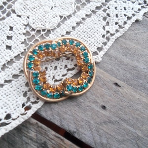 Abstract Gold and Green Rhinestone Brooch