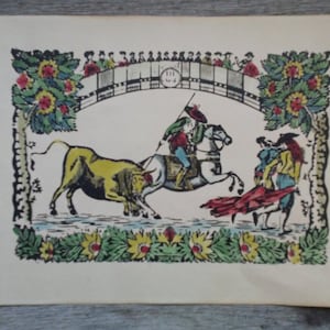 Spanish Bull Fight Woodcut Print