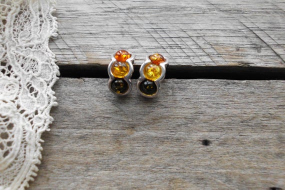 Tri Colored Amber & Sterling Silver Earrings - image 1