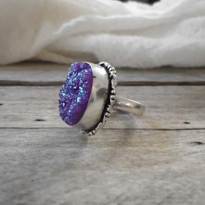 Purple Druzy Sterling Silver Ring Size 8