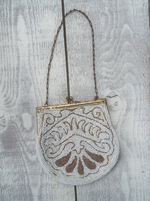 Antique White and Gold Beaded Purse