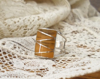 Vintage ring met gebrandschilderd glas van sterlingzilver en amber maat 5 1/2