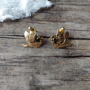 Op de afbeelding: Een paar goudkleurige oorbellen in de vorm van een vogel. Elke oorbel heeft een gedetailleerd ontwerp van een vogel met uitgespreide vleugels, zittend op een kleine basis. De oorbellen zijn geplaatst tegen een rustieke houten achtergrond.