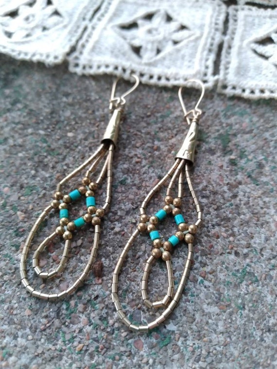 Beaded Gold & Turquoise Dangle Earrings - image 2