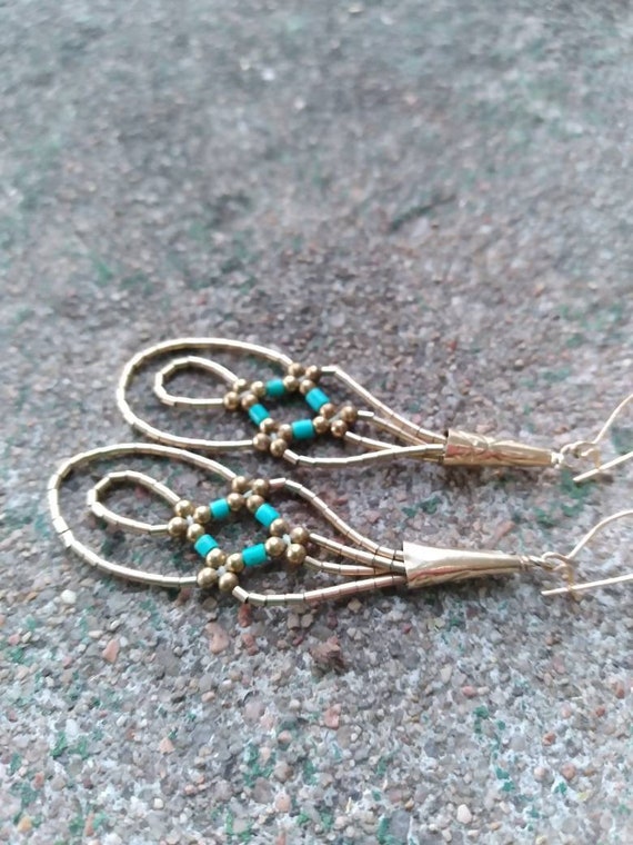 Beaded Gold & Turquoise Dangle Earrings - image 3