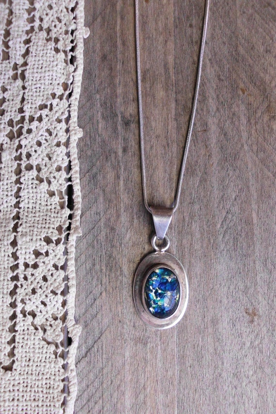 Taxco Silver & Foiled Blue Green Glass Necklace