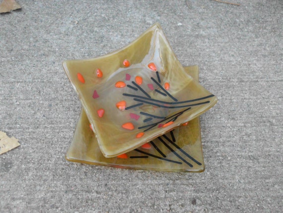 Mid Century Fused Glass Dish Pair -Fall Leaves Gl… - image 2