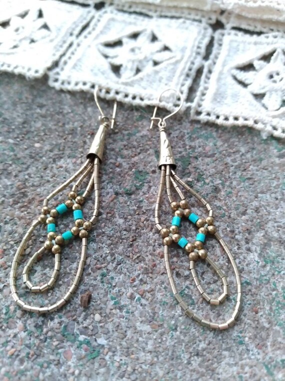 Beaded Gold & Turquoise Dangle Earrings - image 4