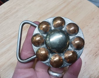 STOUT Pyrite Steampunk Penny and brass belt buckle vintage wearable art.