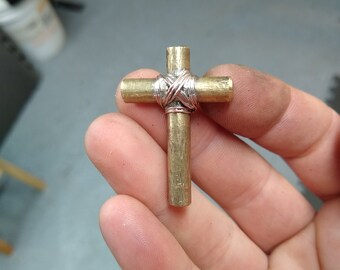 Handmade Solid Brass cross pendant Wood Grain carved