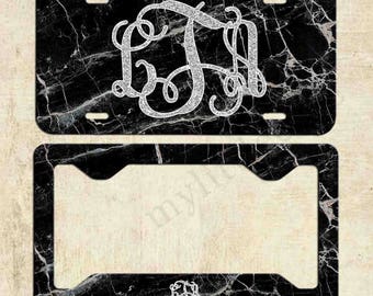 Faux Black Silver Marble Monogrammed license plate - License Plate Frame - Personalized License Plate - Car Tag - Front Plate