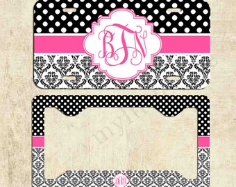 Monogram License Plate Frame - Polka Dot Damask - Personalized License Plate - Car Tag Frame - Front Plate Frame