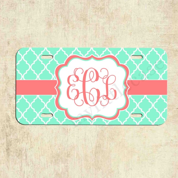 License Plate - Monogram Mint Coral Lattice - Personalized License Plate - Car Tag - Front Plate