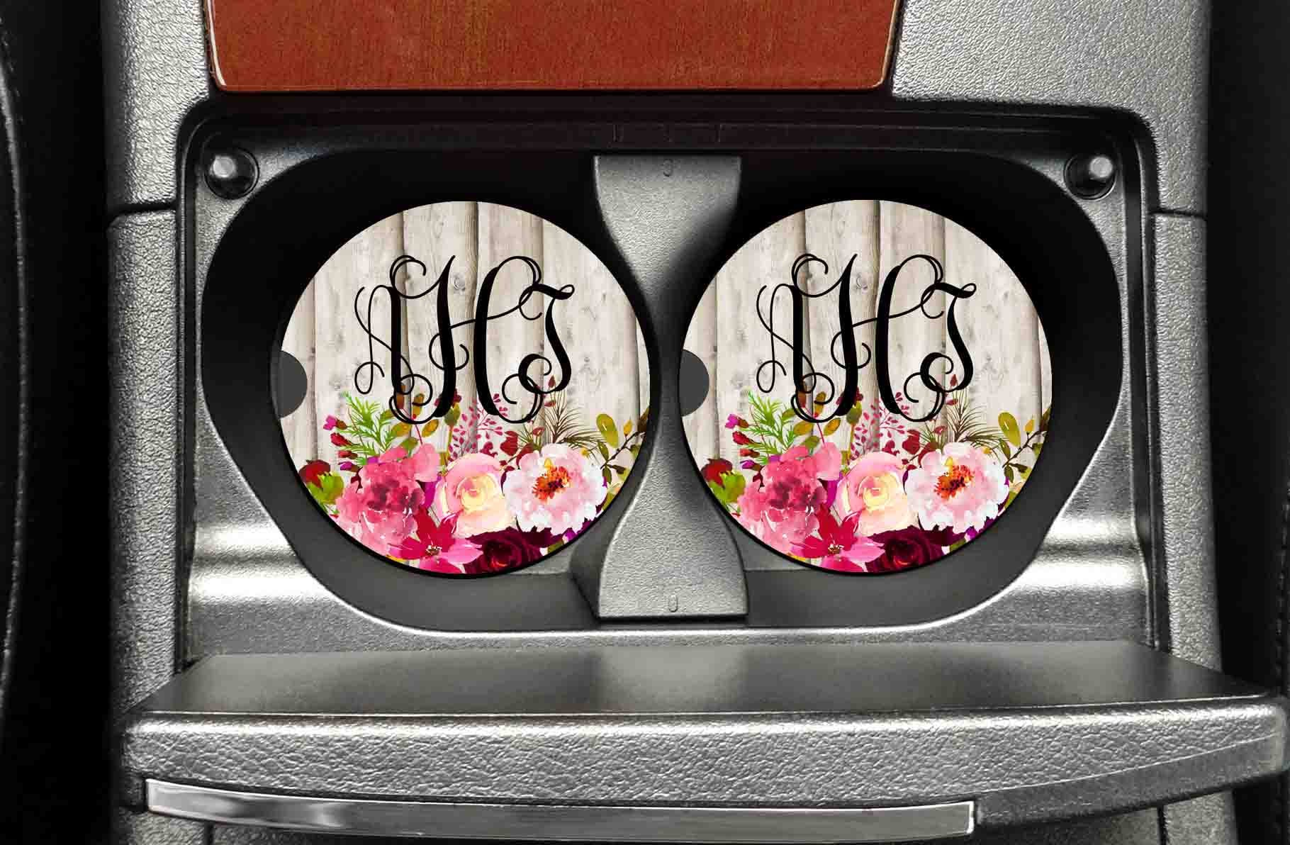 Floral Wood Look Monogrammed Car Coasters Cup Holder Coasters, Personalized  Sandstone Coasters, Car Accessories for Women 