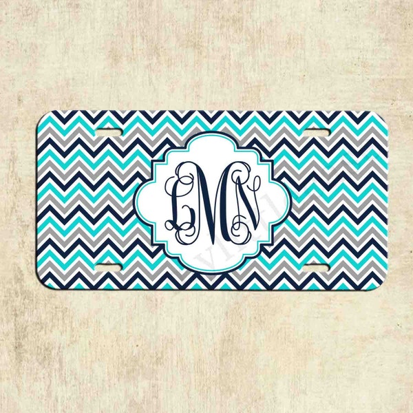 Monogramme - Teal Chevron gris marine - plaque d'immatriculation personnalisée - plaque d'immatriculation voiture Tag - plaque plaque frontale