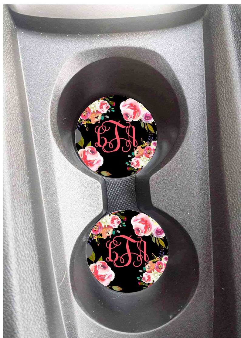 Black Floral Car Coasters Monogrammed Car Coasters Etsy