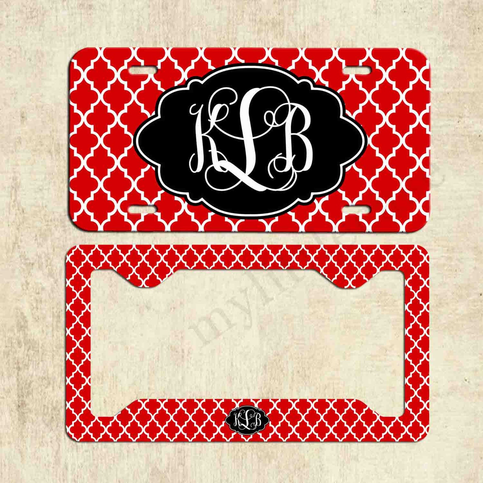 monogram-license-plate-red-black-quatrefoil-license-plate-frame