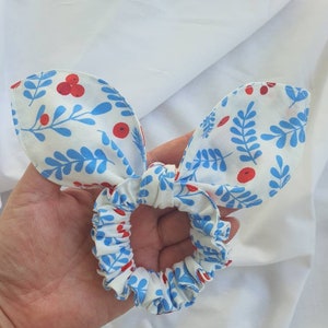 Leaves and red fruits printed cute hair scrunchie with ribbon for girl , hair tie image 3