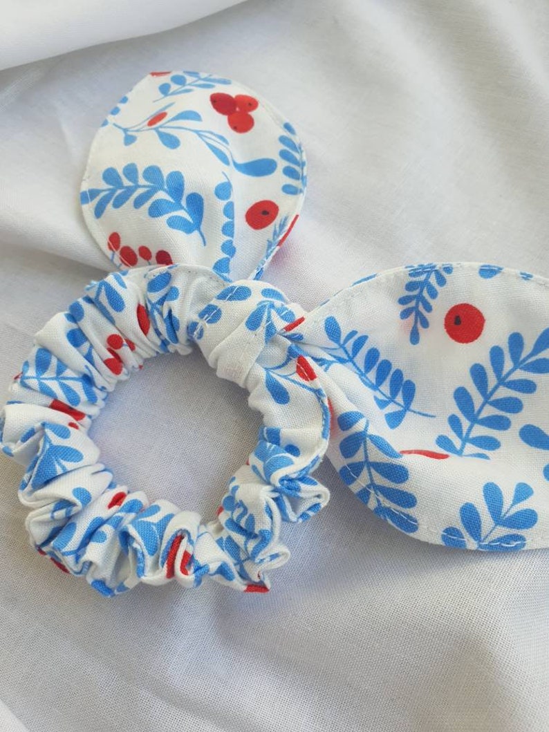 Leaves and red fruits printed cute hair scrunchie with ribbon for girl , hair tie image 1
