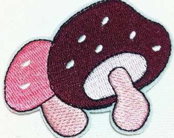 Kids Patch Brown Pink Double Mushroom (7 x 6 cm) Full Embroidered Applique Iron on Patch (ALL)