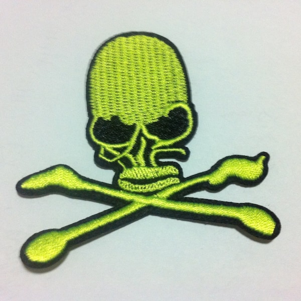 Fluorescent Green Crossbone Skull (7 x 7cm) Iron on Patch Embroidery  (W)