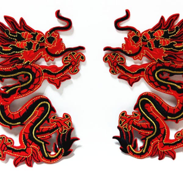 Chinese Style Red Black Dragon (10 x 12,5 cm) Fer brodé sur Applique Patch (X)