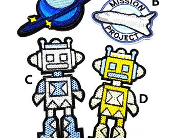 Kinder Patch Cartoon Planet Roboter gestickte Applikation Aufbügler Punk Cool (AL)