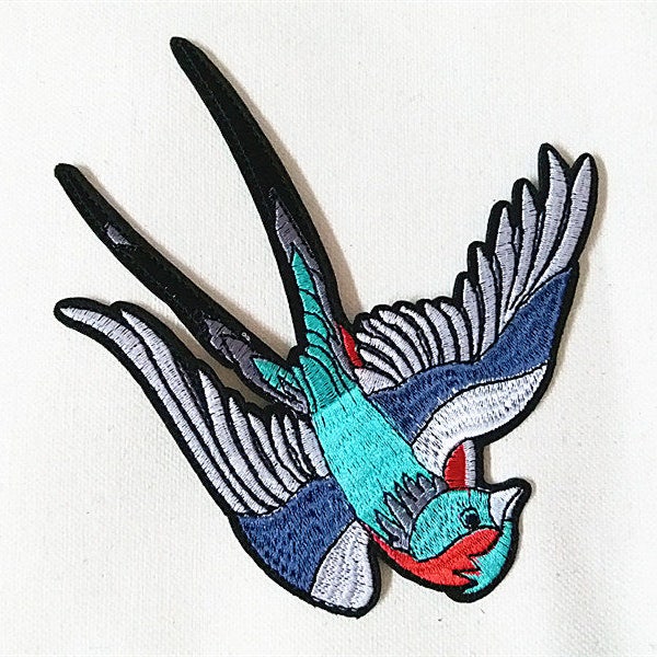 Large Size Turqoise Green Grey Silver Swallow (11 x 13 cm) Embroidered Applique Iron on Patch (AL)