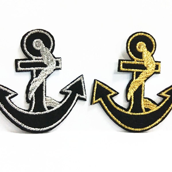 Black Silver Black Gold Anchor (6 x 6 cm) Embroidered Iron on Applique Patch (ALB)