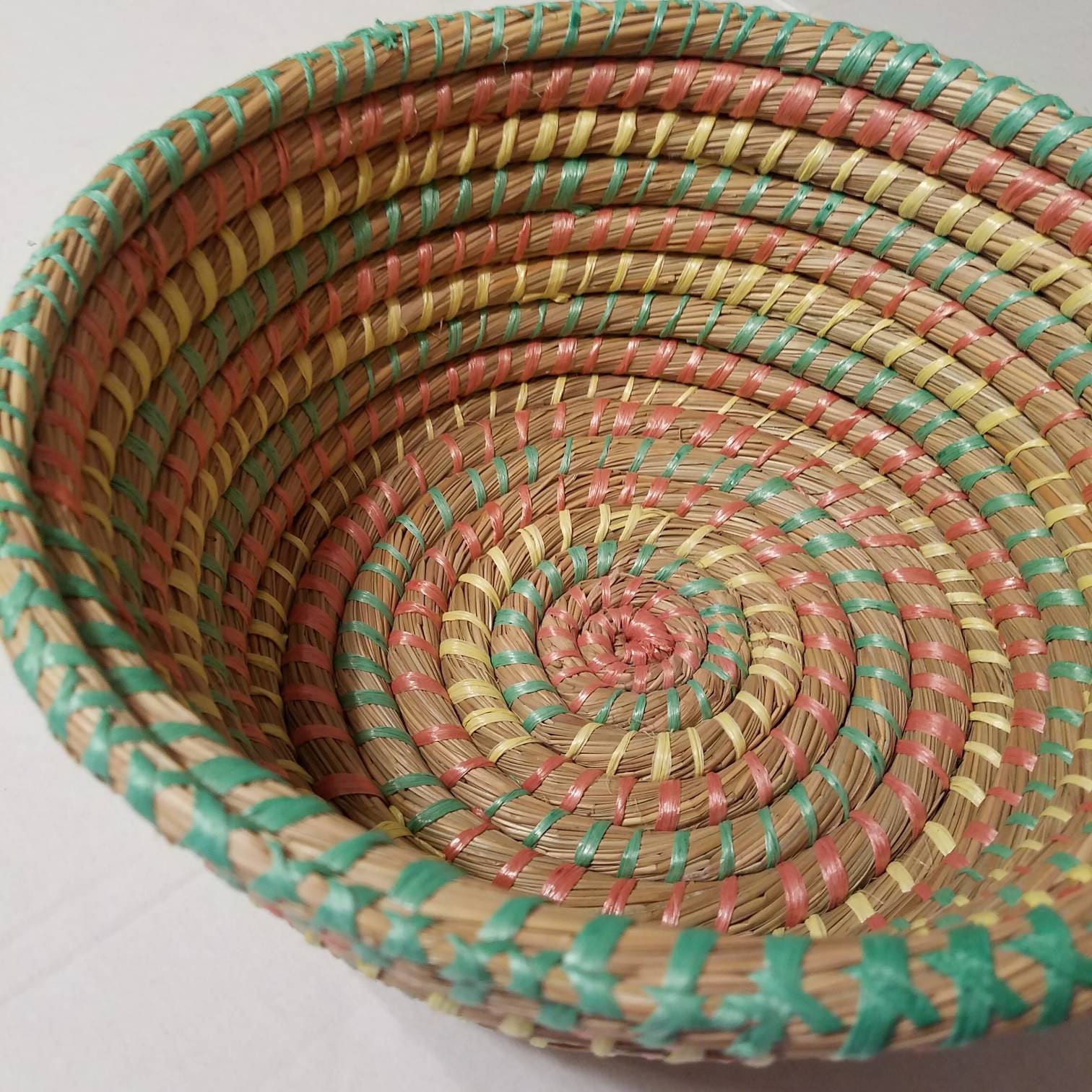 Vintage Woven Basket Multicolor Basket Woven Bowl Boho Etsy