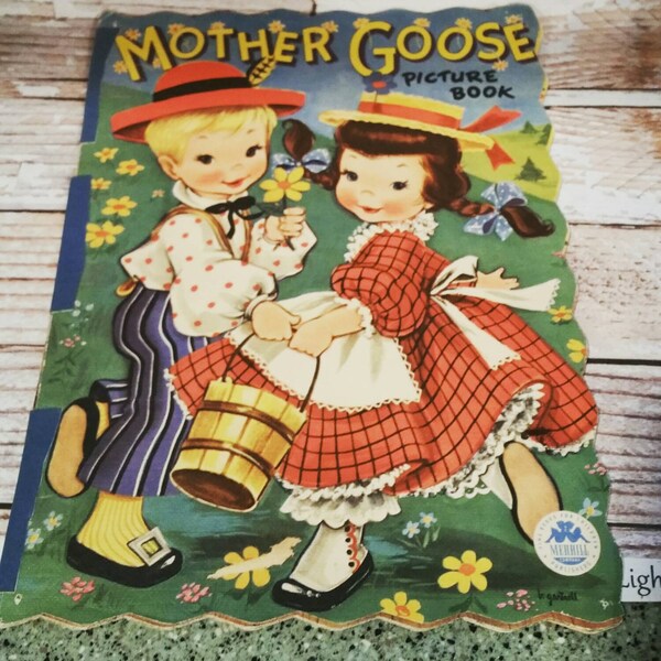 ON SALE, Mother Goose Picture Book by Merrill, linen book, vintage children's book