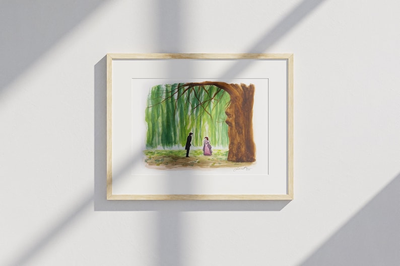 Pode incluir: Pintura em aquarela emoldurada. A obra retrata um homem e uma mulher em p&eacute; sob uma grande &aacute;rvore em uma floresta. A cena &eacute; renderizada em tons de verde, marrom e rosa, com foco no ambiente natural.