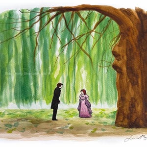 Pode incluir: Pintura em aquarela de um casal sob uma grande &aacute;rvore com uma copa semelhante a um salgueiro chor&atilde;o. O fundo apresenta uma floresta verde. O casal est&aacute; vestido com roupas de &eacute;poca. O texto "Sketching Shenanigans Art" &eacute; vis&iacute;vel.
